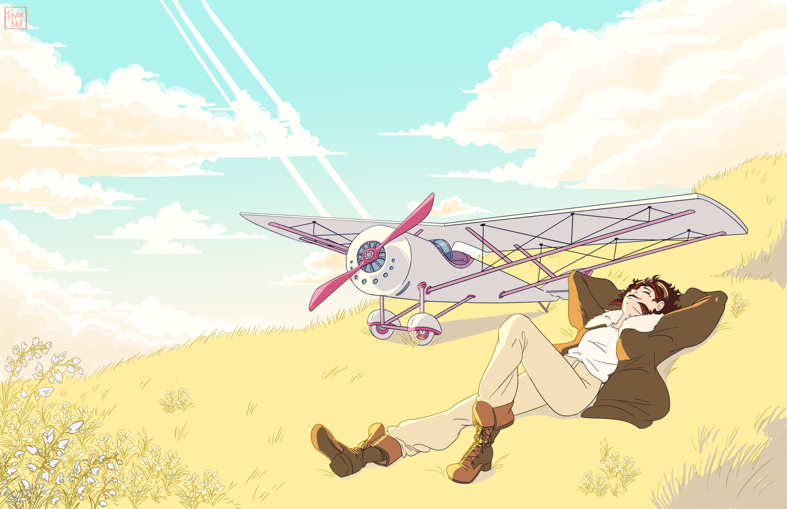 A pilot laying in a field with their biplane parked beside them