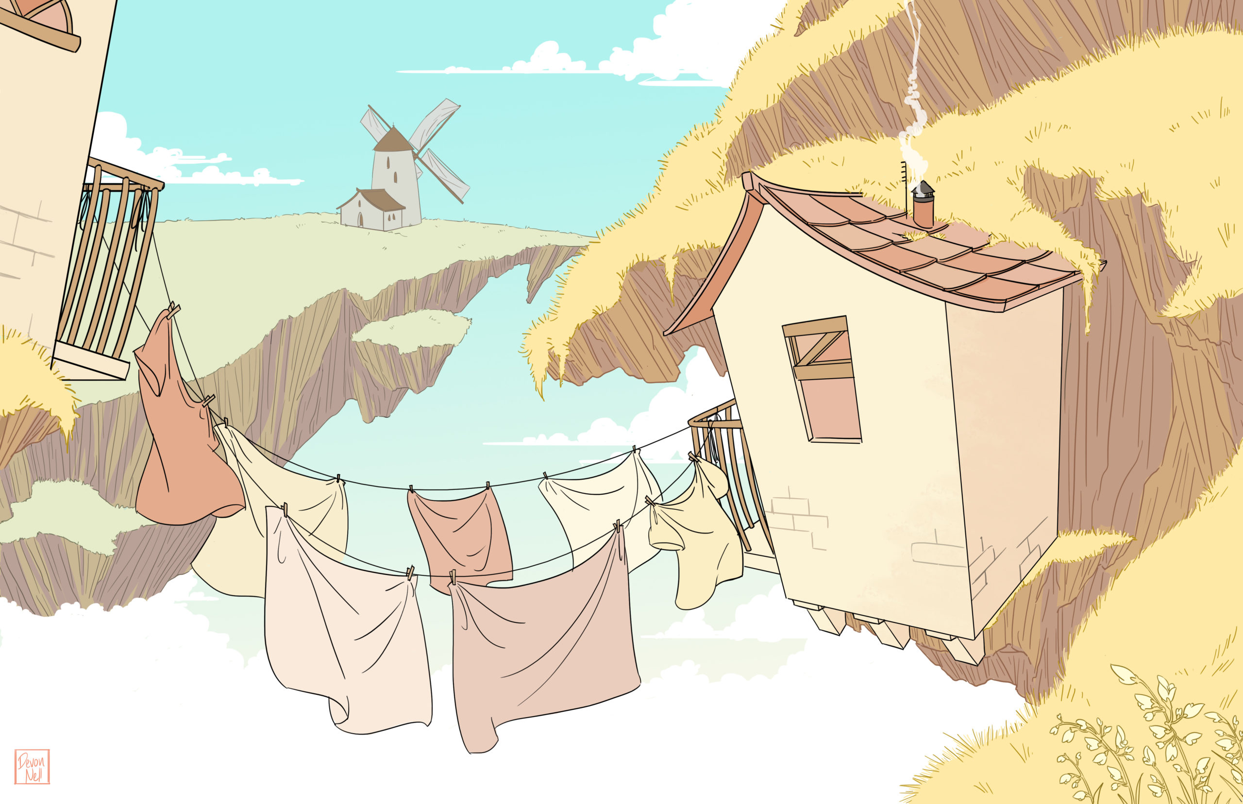 A house with a clothesline on the side of a mountain in the clouds