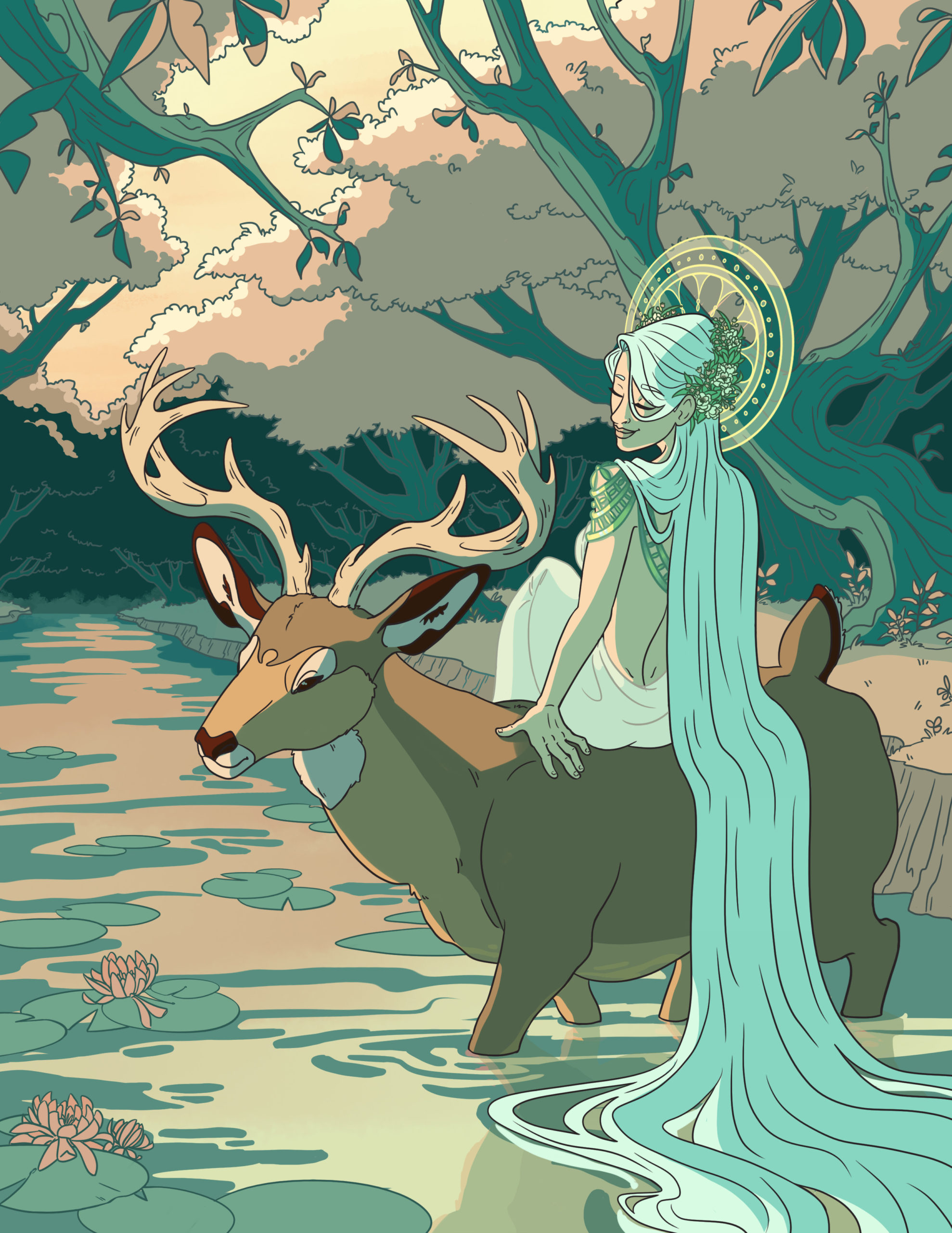 A Goddess riding a deer in a river in the woods