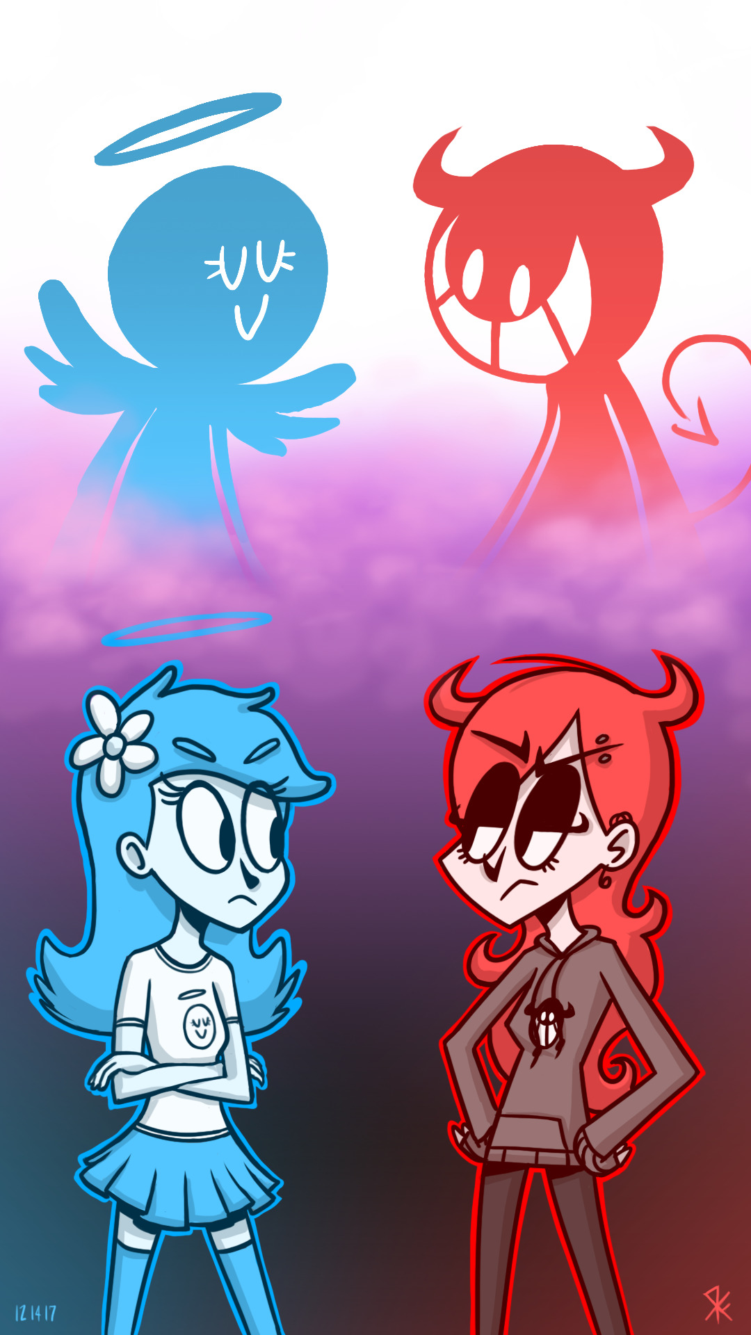 A blue angelic character and a red demonic character staring at each other, cartoon-like