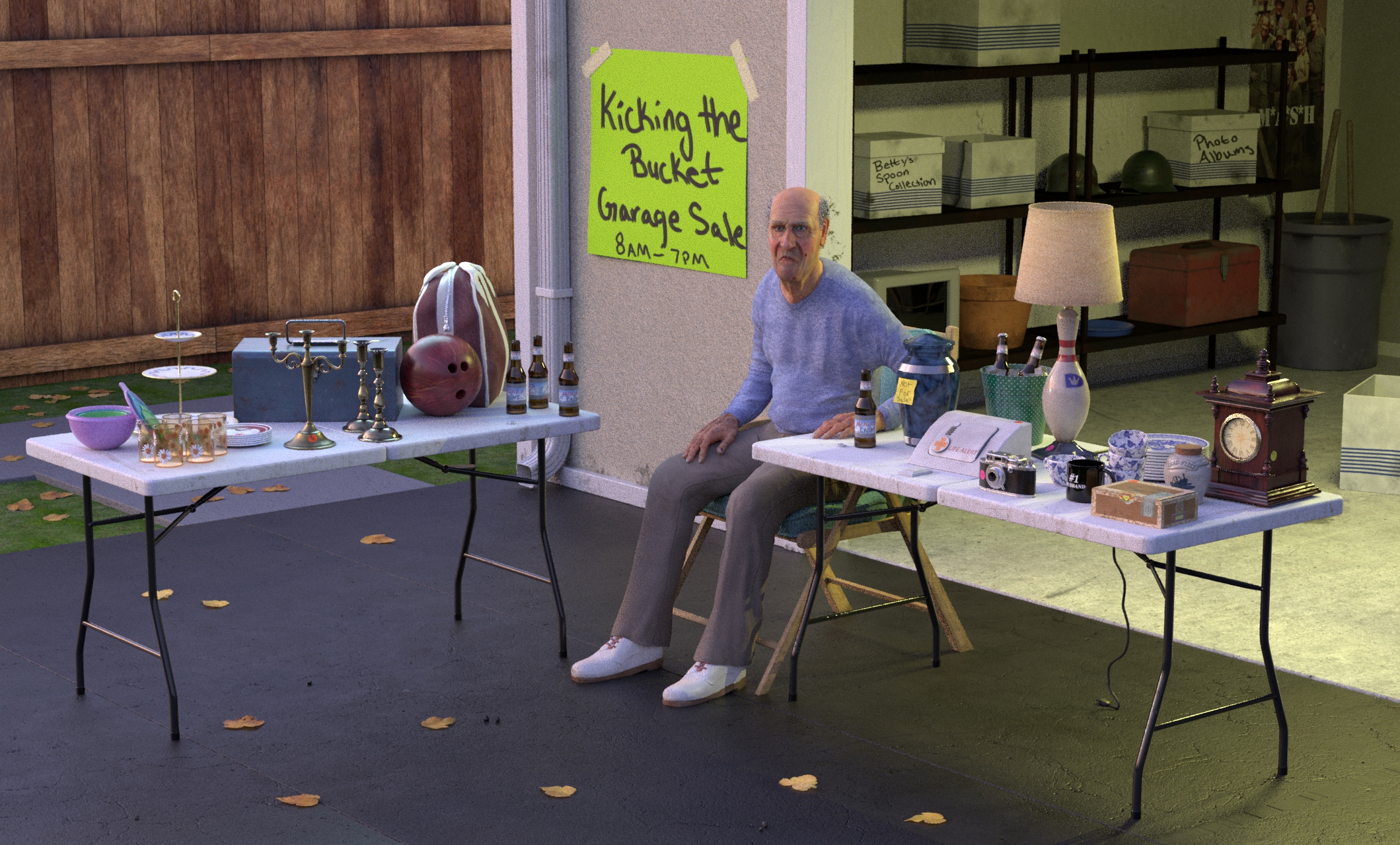 An old person sitting in a chair at a garage sale