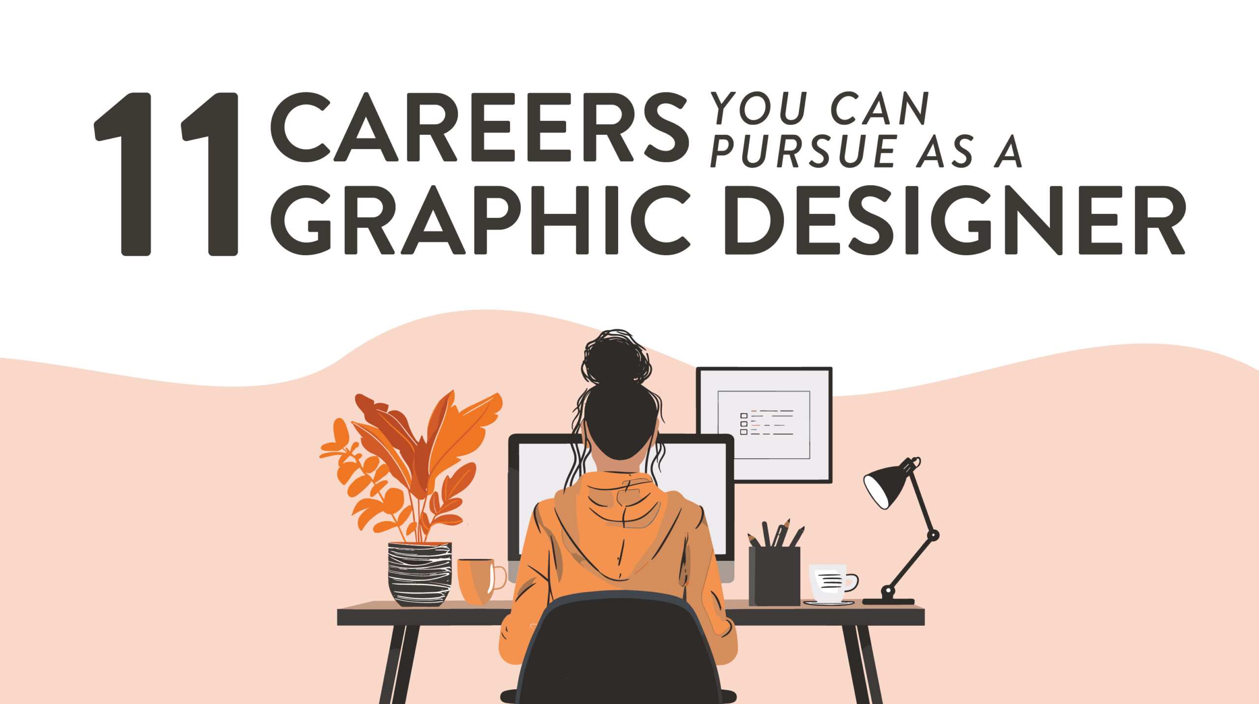 Illustrated blog title featuring a designer working at a desk along with the blog title.